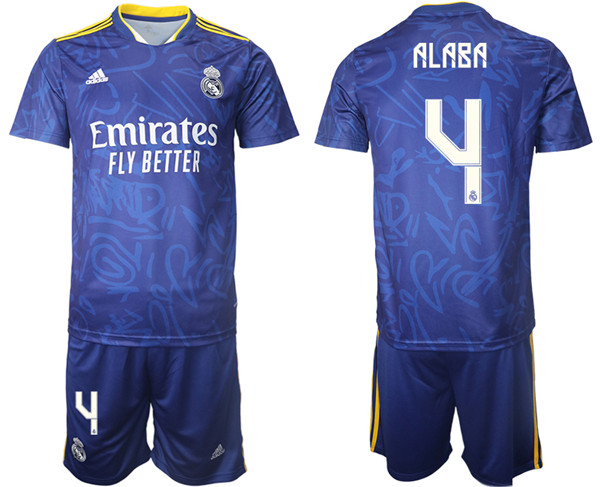 Men's Real Madrid #4 David Alaba 2021/22 Blue Away Soccer Jersey Suit Men's Real Madrid #4 David Alaba 2021/22 Blue Away Soccer Jersey Suit